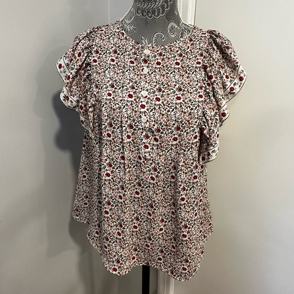 Max Studio Blouse Top Womens XS Multicolor Floral Ruffle Flutter Sleeves Peasant - Picture 1 of 12